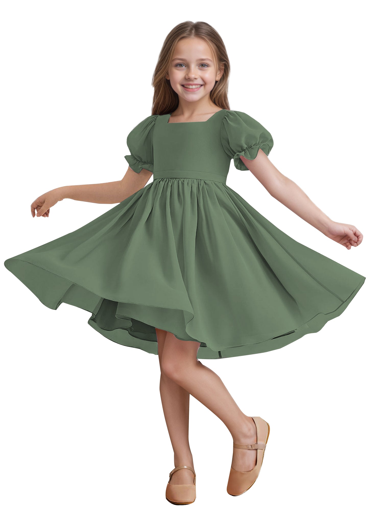 Chiffon Short Sleeves Flower Girl Dresses Knee Length Junior Bridesmaid Dresses for 4-16 650C