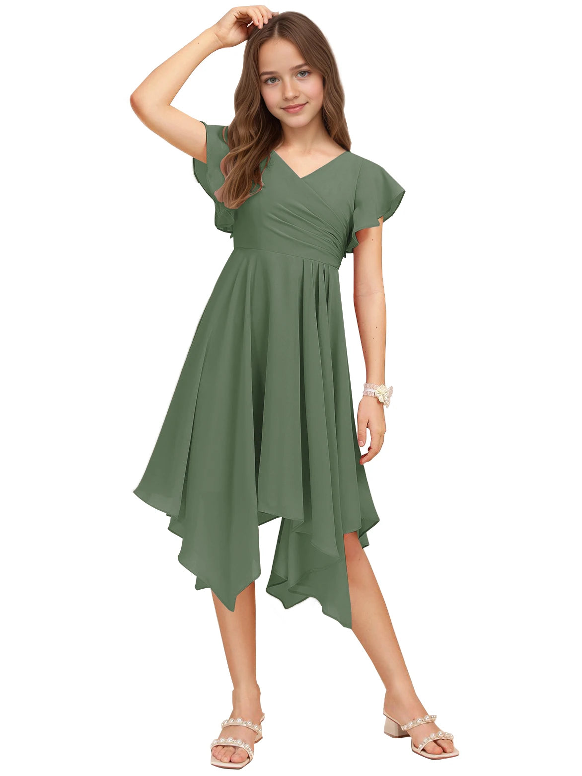Dideyttawl Dusty Rose Junior Bridesmaid Chiffon Flutter Sleeve A-Line Dress
