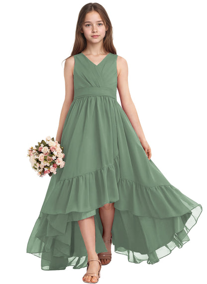 dideyttawl A-Line High Low Flower Girls Dress Long V-Neck Junior Bridesmaid Dresses for Teens Pleated Chiffon 2511