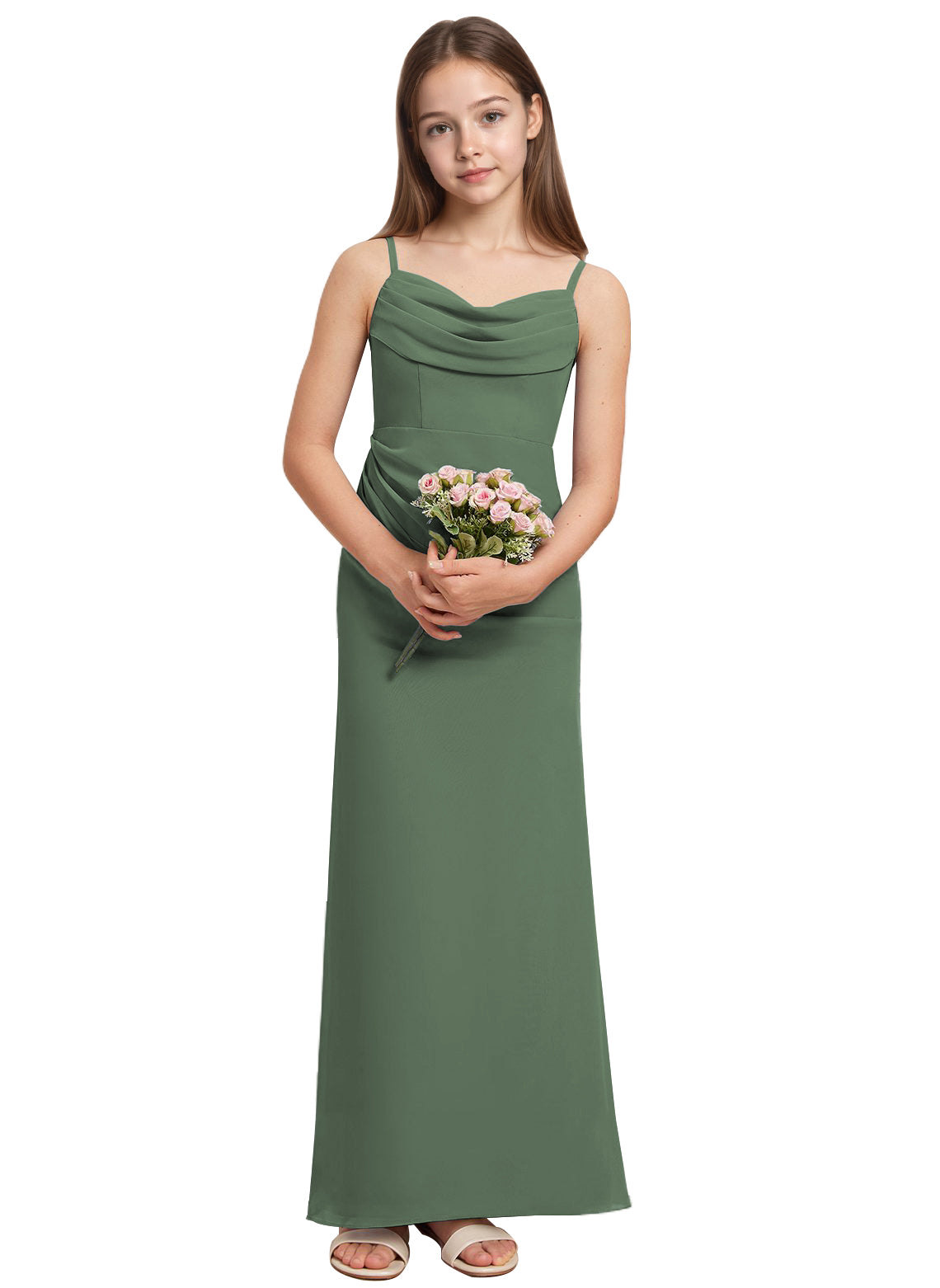dideyttawl Long Sheathe Junior Bridesmaid Dresses for Girls Chiffon A-Line Ruched Cowl Neck Wedding Flower Girls Dress 2512