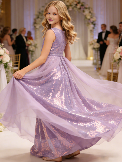 dideyttawl 2026 Flower Girls Dress Sparkly Sequins Tulle Sleeveless Prom Gown Floor Length Jr Bridesmaid Dresses 2557