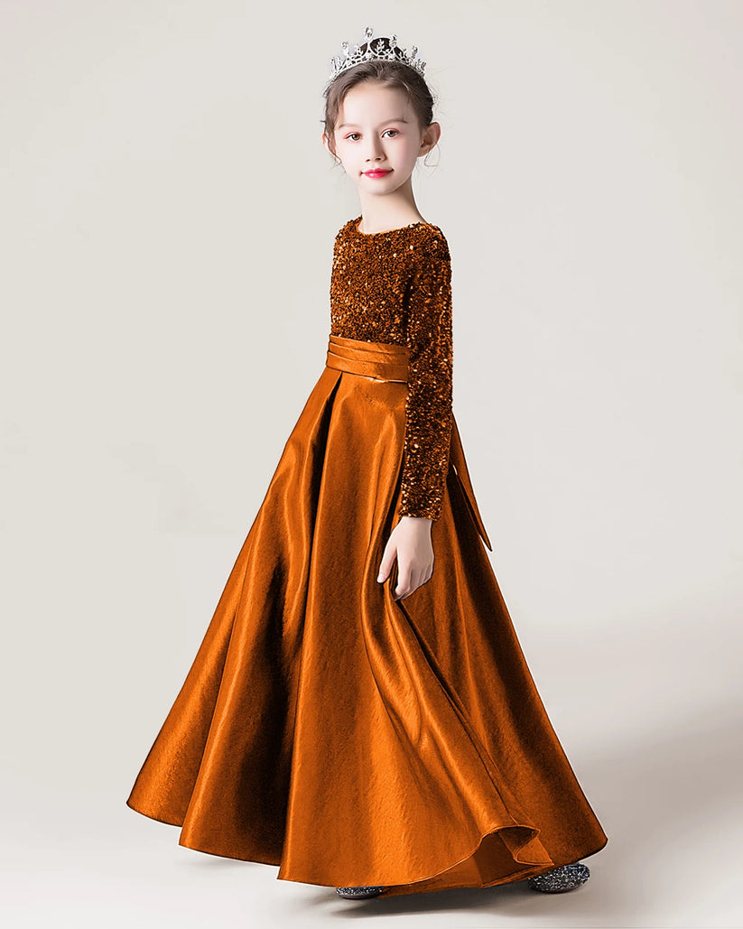 Burnt Orange Sequin Satin A-line Girls Formal Dress Side View