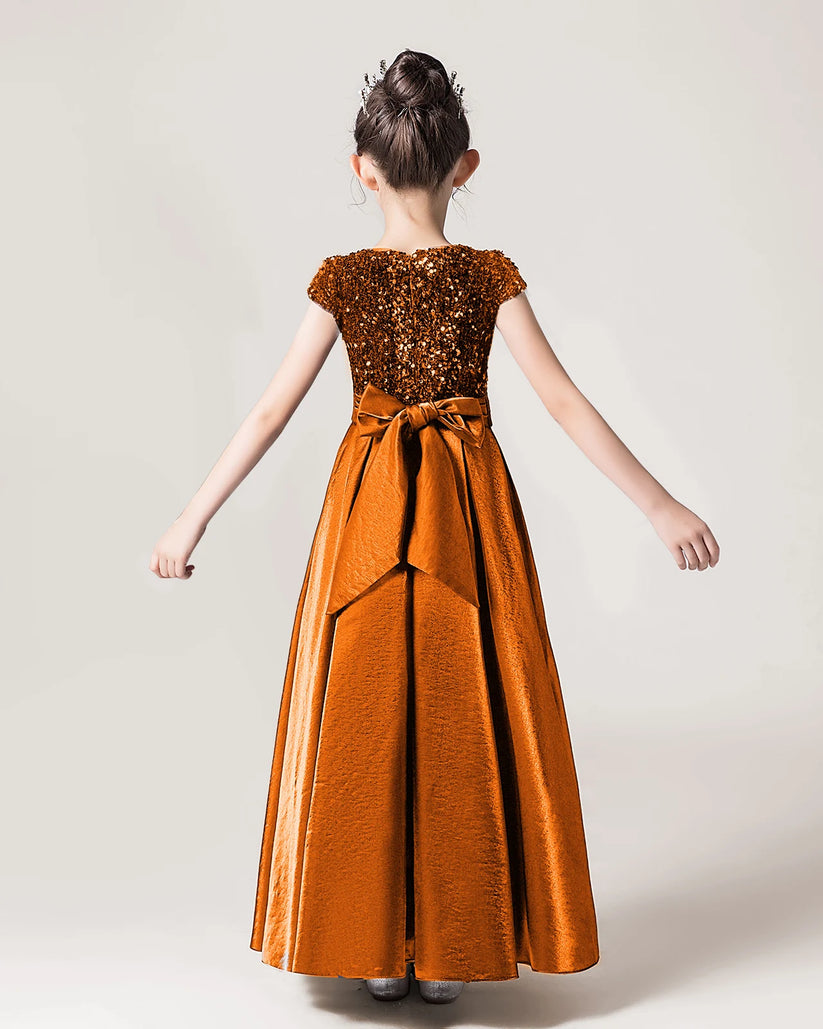 Burnt Orange Sequin Satin A-line Girls Formal Dress Back View