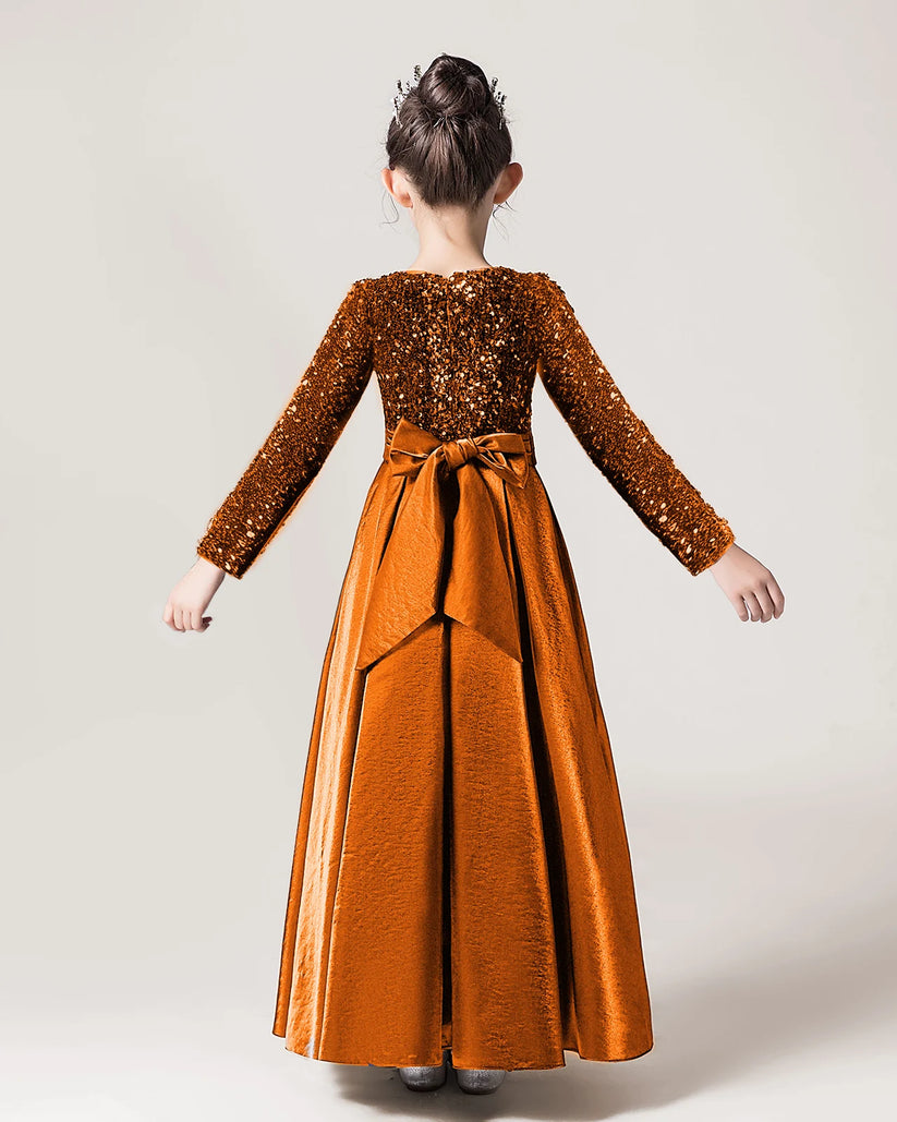Burnt Orange Sequin A-line Girls Formal Dress Back View