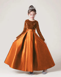 Burnt Orange Front Sequin Long Sleeve Flower Girls Dress