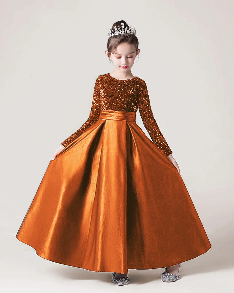 Burnt Orange Sequin A-line Girls Formal Dress Front View