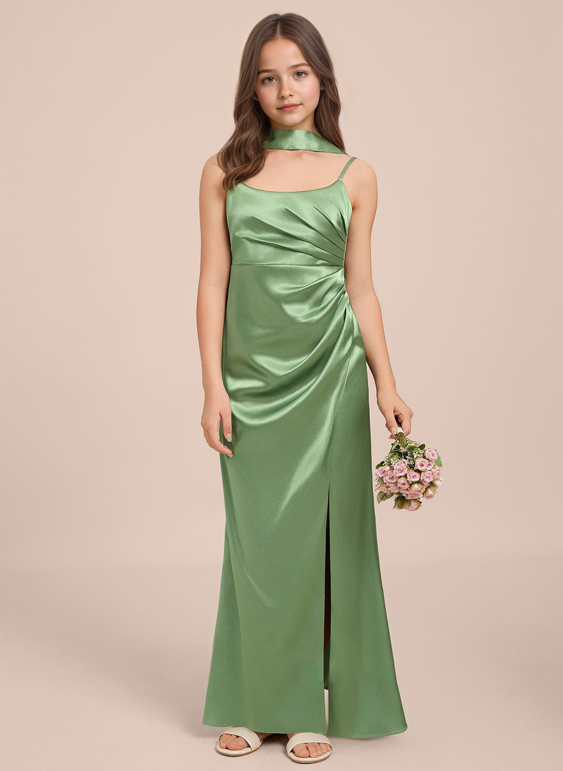 dideyttawl Satin Junior Bridesmaid Dress with Scarf for Girls 4-16 Silk Flower Girl Dress 2527