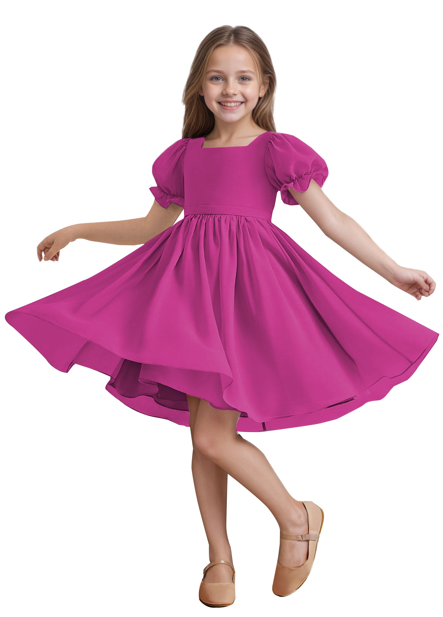 Chiffon Short Sleeves Flower Girl Dresses Knee Length Junior Bridesmaid Dresses for 4-16 650C