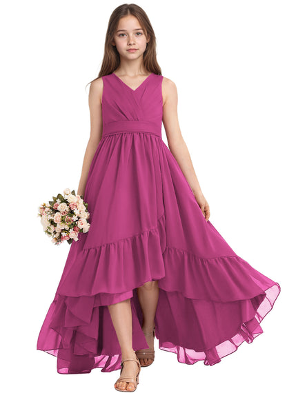 dideyttawl A-Line High Low Flower Girls Dress Long V-Neck Junior Bridesmaid Dresses for Teens Pleated Chiffon 2511