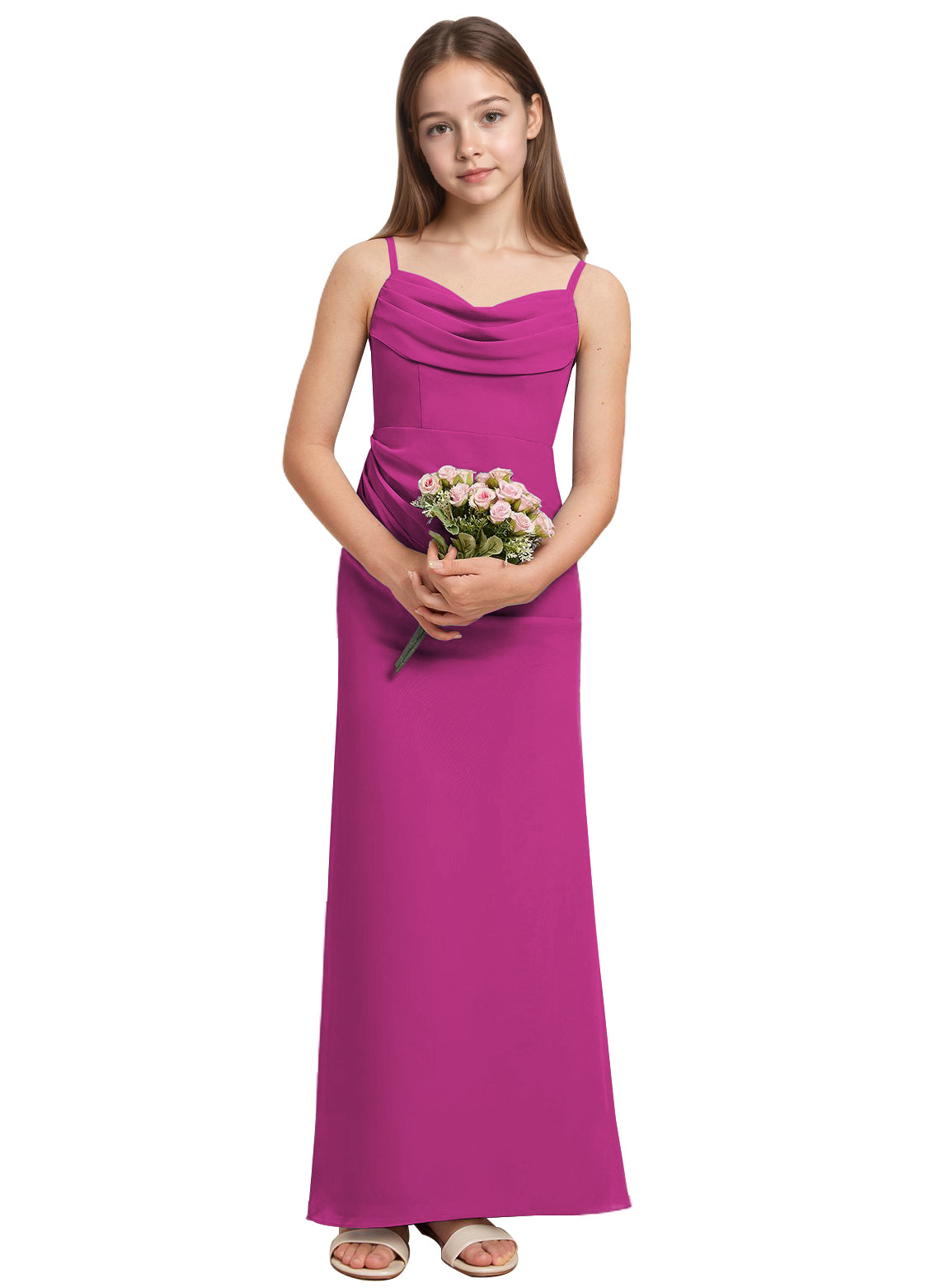 dideyttawl Long Sheathe Junior Bridesmaid Dresses for Girls Chiffon A-Line Ruched Cowl Neck Wedding Flower Girls Dress 2512