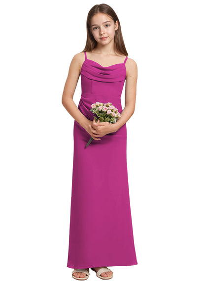 dideyttawl Long Sheathe Junior Bridesmaid Dresses for Girls Chiffon A-Line Ruched Cowl Neck Wedding Flower Girls Dress 2512