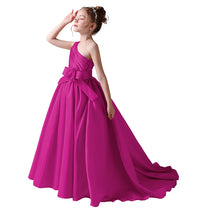 Dideyttawl Flower Girls Pageant Dresses One Shoulder Sleeveless Formal Satin Dress for Wedding Guest Princess Ball Gown Flower Belt Dress