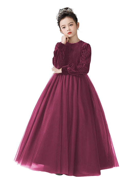 Dideyttawl Girls Velvet Flower Girl Dress Elegant Formal Dress Lantern Long Sleeves Girls Birthday Party Dress