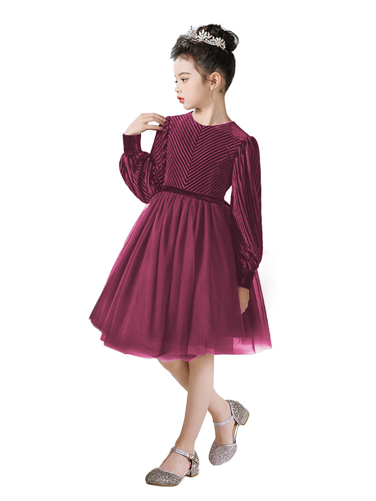 Dideyttawl Spring Girls Short Velvet Girls Formal Dress Elegant Formal Dress Lantern Long Sleeves Girls Birthday Party Dress