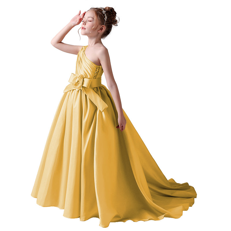 Dideyttawl Flower Girls Pageant Dresses One Shoulder Sleeveless Formal Satin Dress for Wedding Guest Princess Ball Gown Flower Belt Dress