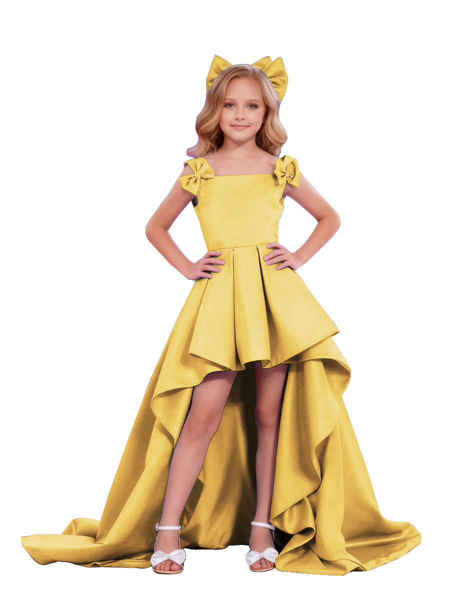 dideyttawl High-Low Junior Bridesmaid Dresses for Girls Pleated Satin A-Line Bow Straps Pageant Formal Party Dress 2536