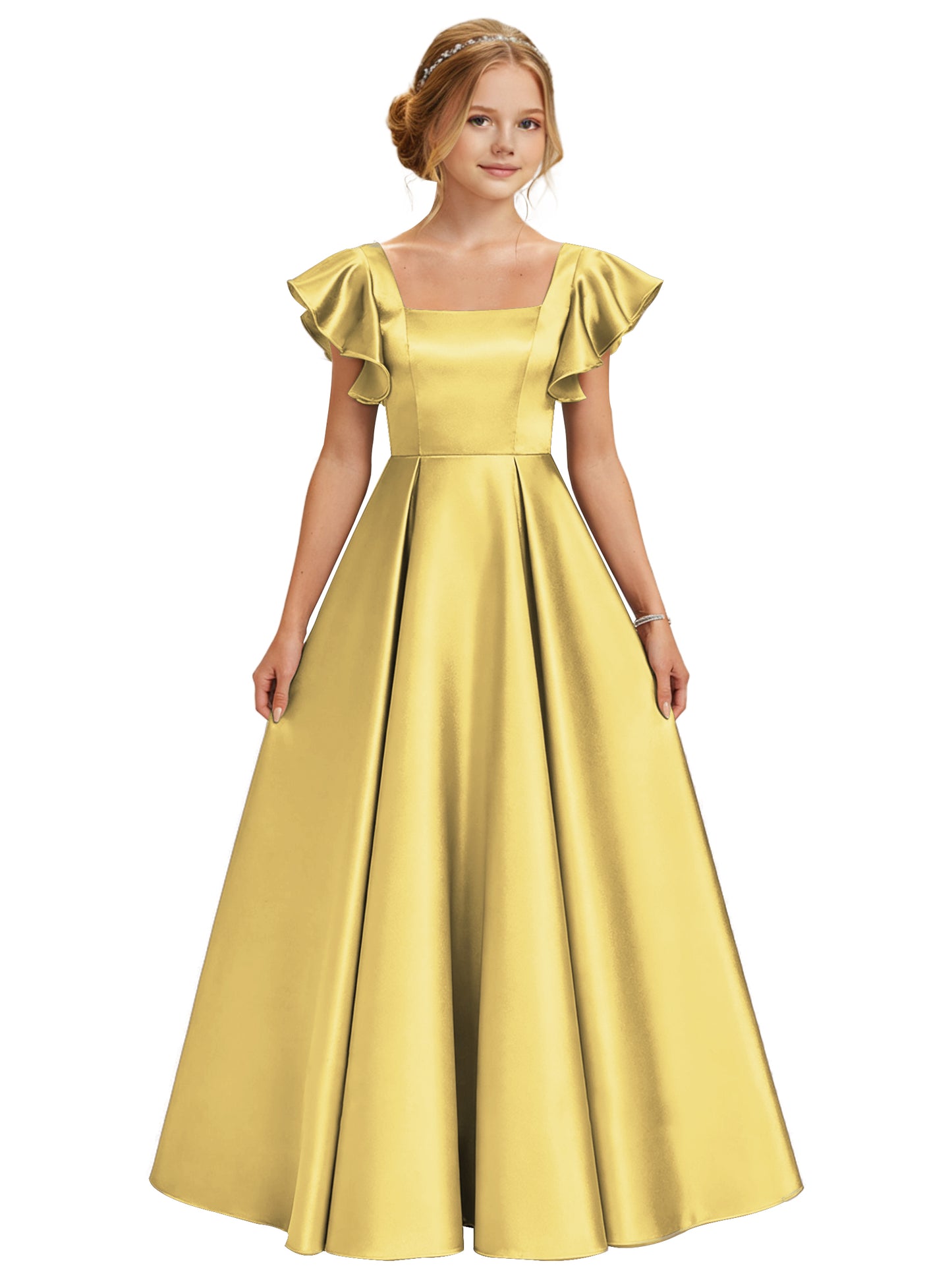 dideyttawl 2026 Girls Satin Prom Ball Gown Princess Dress Maxi Ruffle Sleeve Junior Bridesmaid Flower Girl Dresses 2546