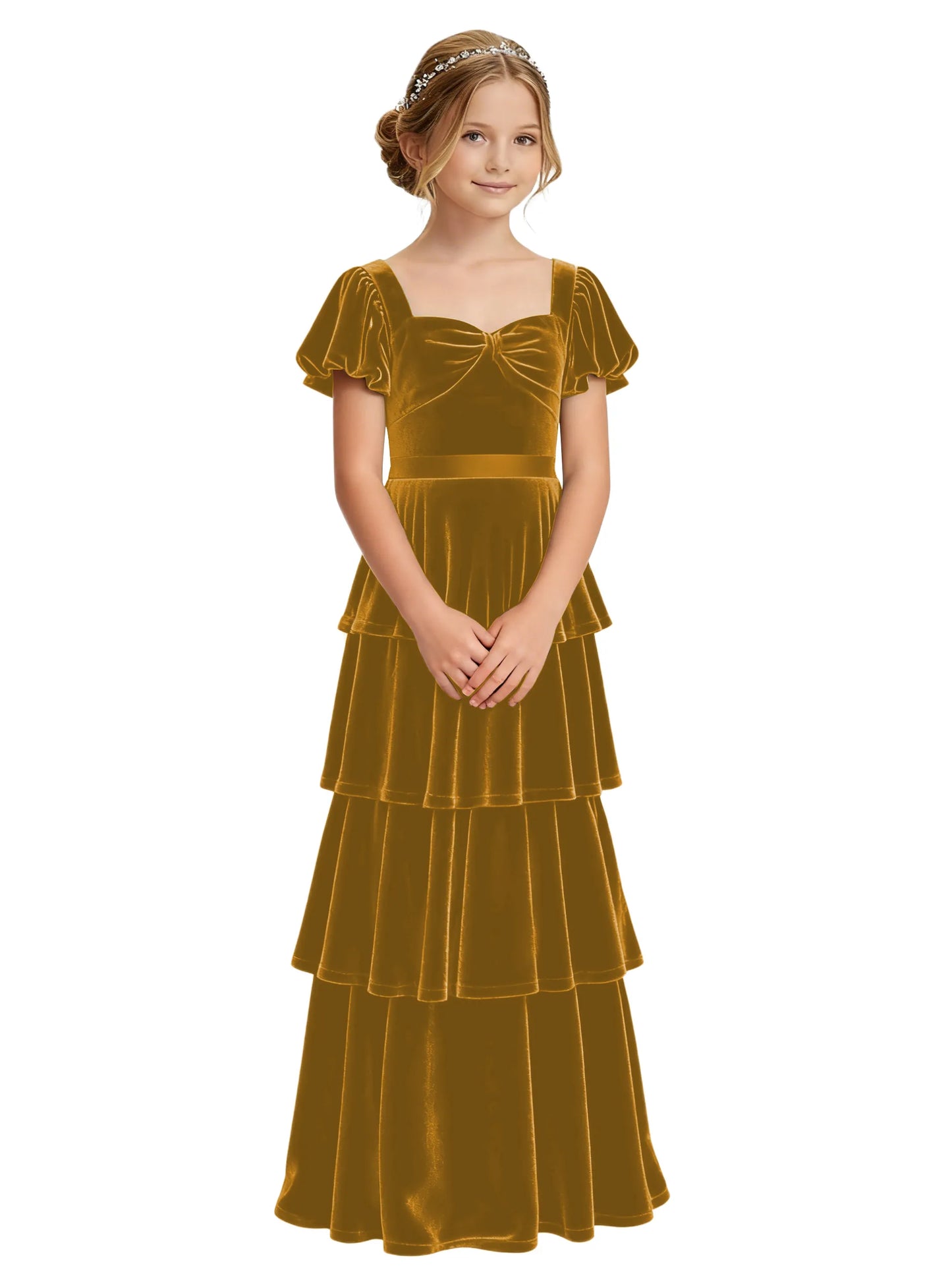 Dideyttawl Burgundy Velvet Junior Bridesmaid Dress Puff Sleeve Tiered Ruffle Formal Dress