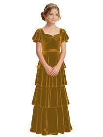 Dideyttawl Burgundy Velvet Girls Formal Dress Puff Sleeve Tiered Ruffle Formal Dress