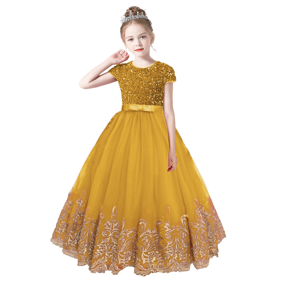 Flower Girls Dress Gold Embroidery Appliqued Puff Tulle Short Sleeves Sequins Party Dress