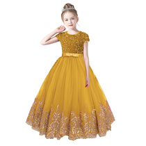 Dideyttawl Pageant Dress Gold Embroidery Appliqued Puff Tulle Short Sleeves Sequins Party Dress