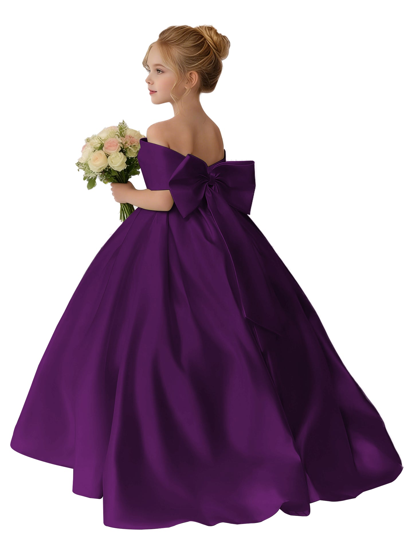 Dideyttawl Satin Flower Girl Dress A Line Off Shoulder Formal Ball Gown Bow Back