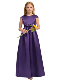 Dideyttawl White Junior Bridesmaid Dress Cap Sleeve Satin Ball Gown