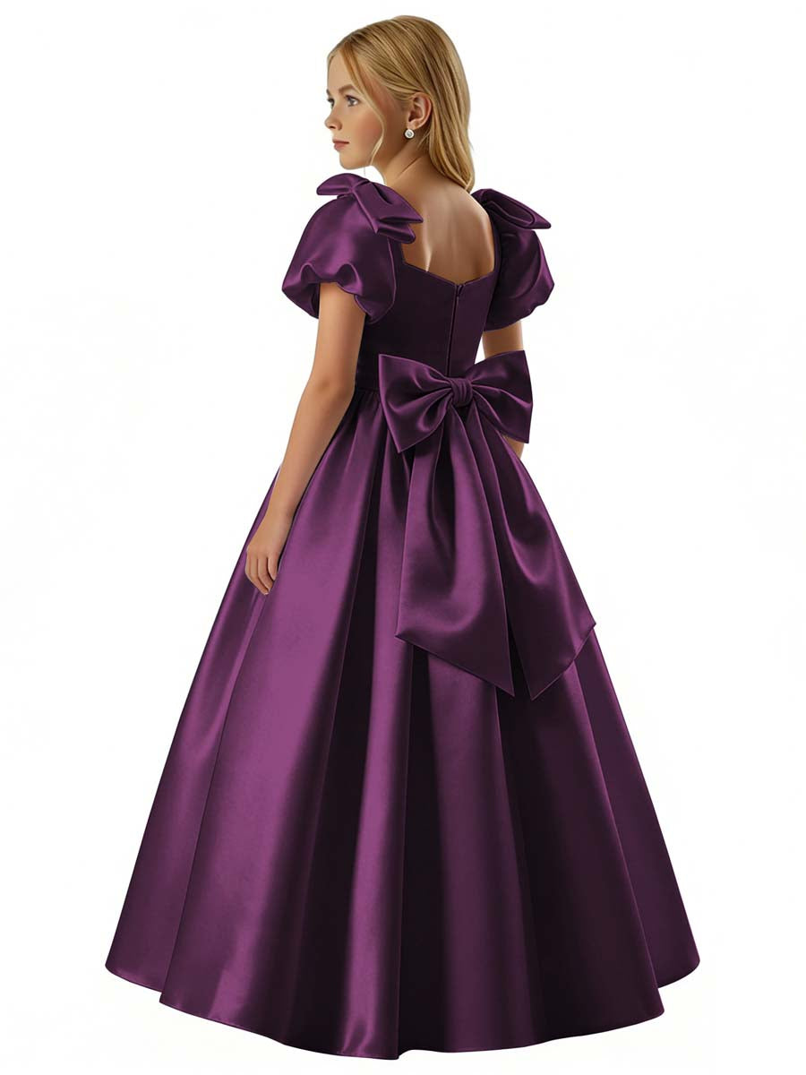 dideyttawl 2026 Satin Flower Girl Dress A Line Big Bow Long Prom Princess Ball Gown Puff Sleeves Junior Bridesmaid Dress 2773