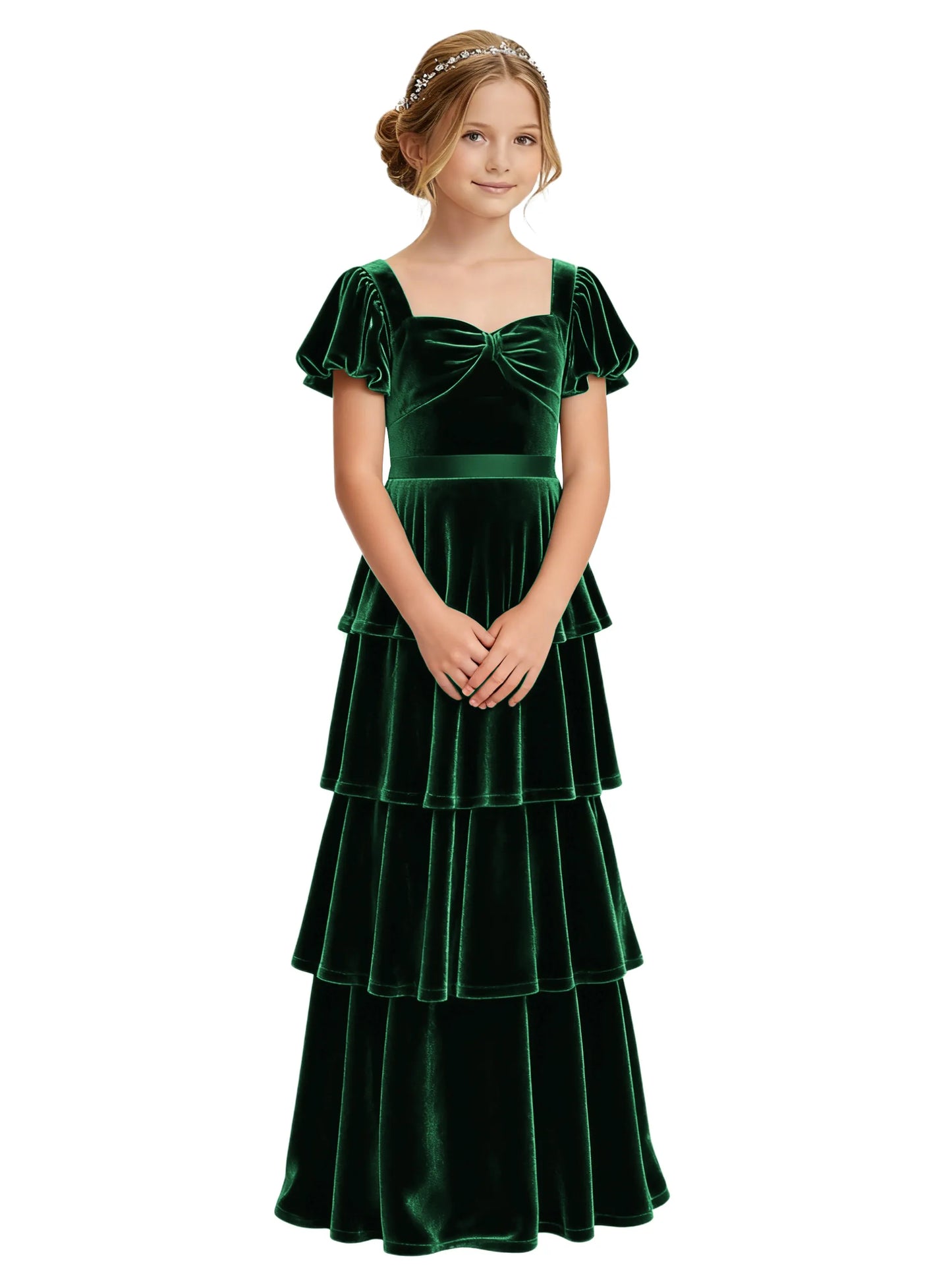 Dideyttawl Burgundy Velvet Junior Bridesmaid Dress Puff Sleeve Tiered Ruffle Formal Dress