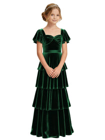 Dideyttawl Burgundy Velvet Girls Formal Dress Puff Sleeve Tiered Ruffle Formal Dress