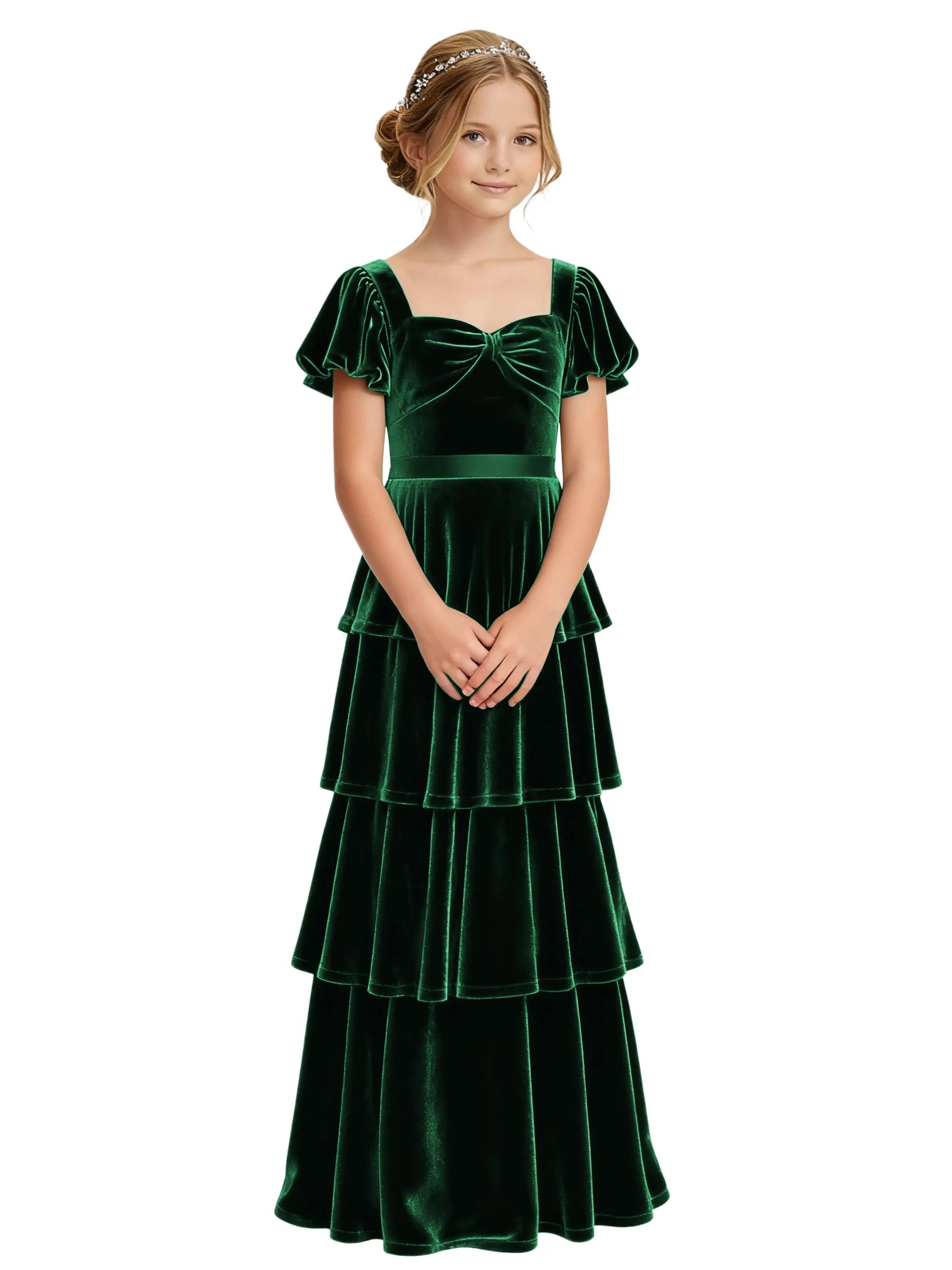Dideyttawl Burgundy Velvet Girls Formal Dress Puff Sleeve Tiered Ruffle Formal Dress