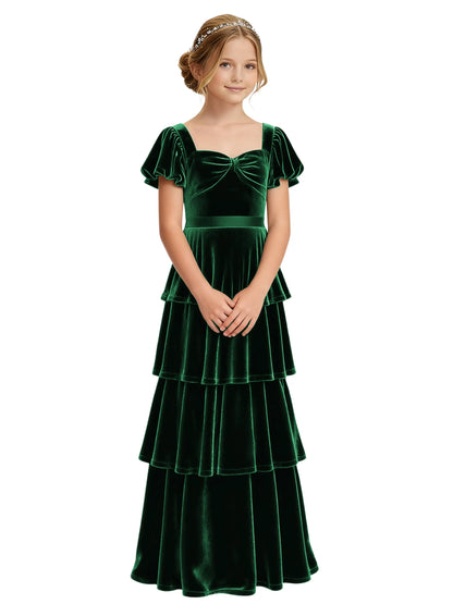 Dideyttawl Burgundy Velvet Junior Bridesmaid Dress Puff Sleeve Tiered Ruffle Formal Dress