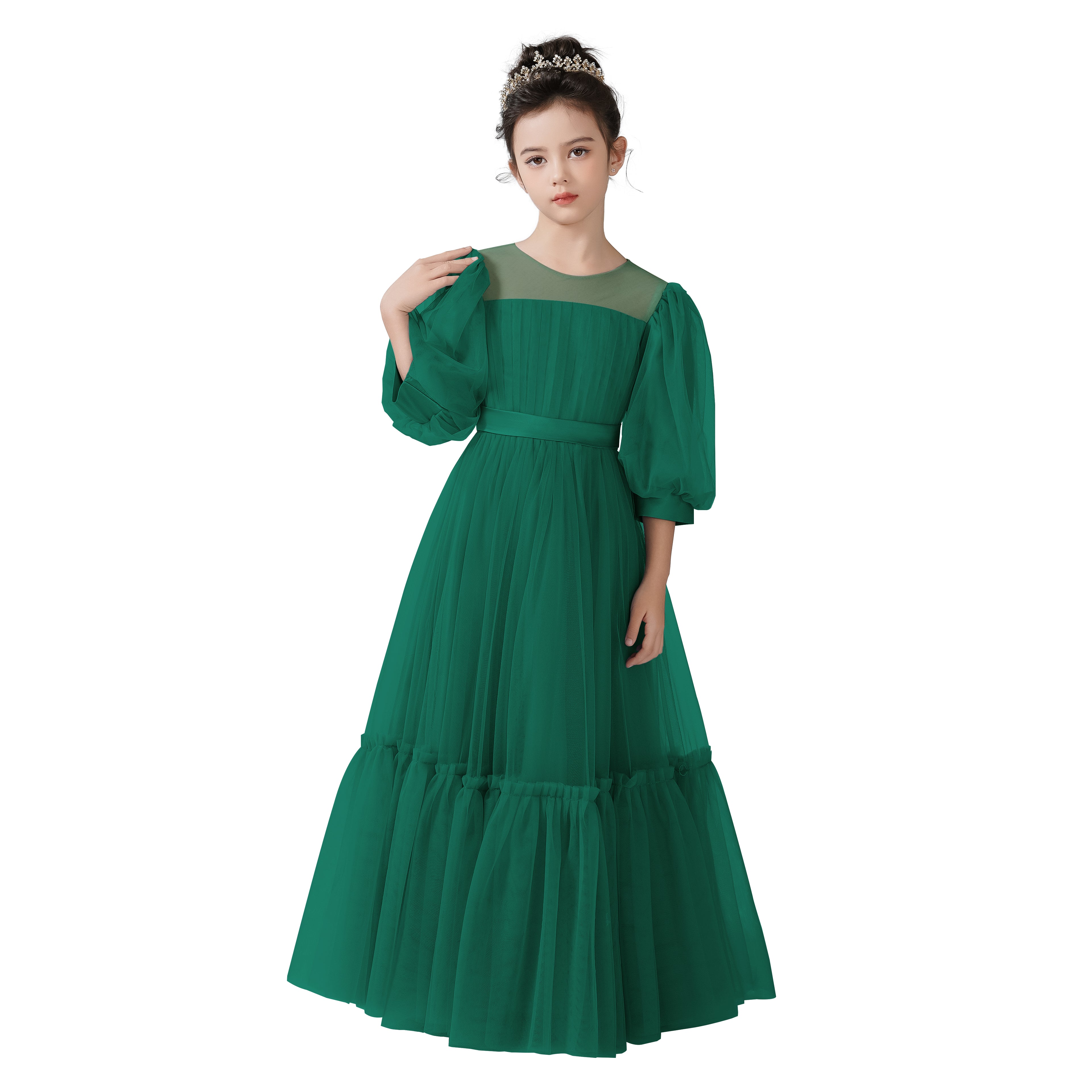 Dideyttawl Girls Dusty Blue Princess Dress Long Sleeve Tulle Ball Gown for Wedding Party