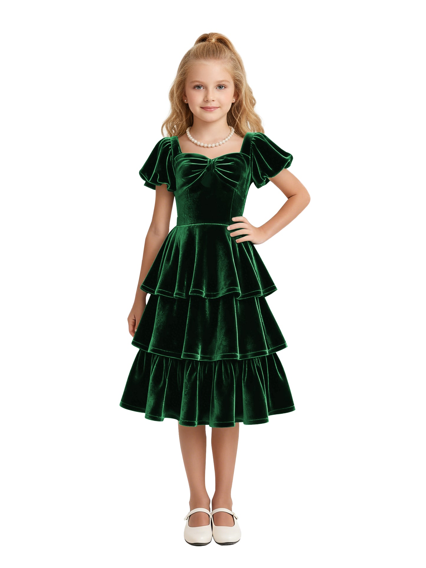dideyttawl Girls Pleated Velvet Knee Length Junior Bridesmaid Dress with Short Lantern Sleeves 2543