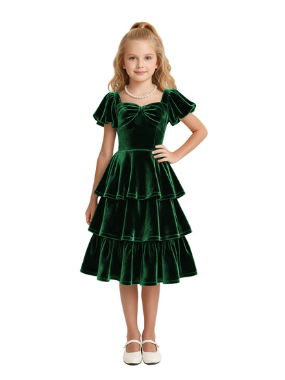 dideyttawl Girls Pleated Velvet Knee Length Junior Bridesmaid Dress with Short Lantern Sleeves 2543