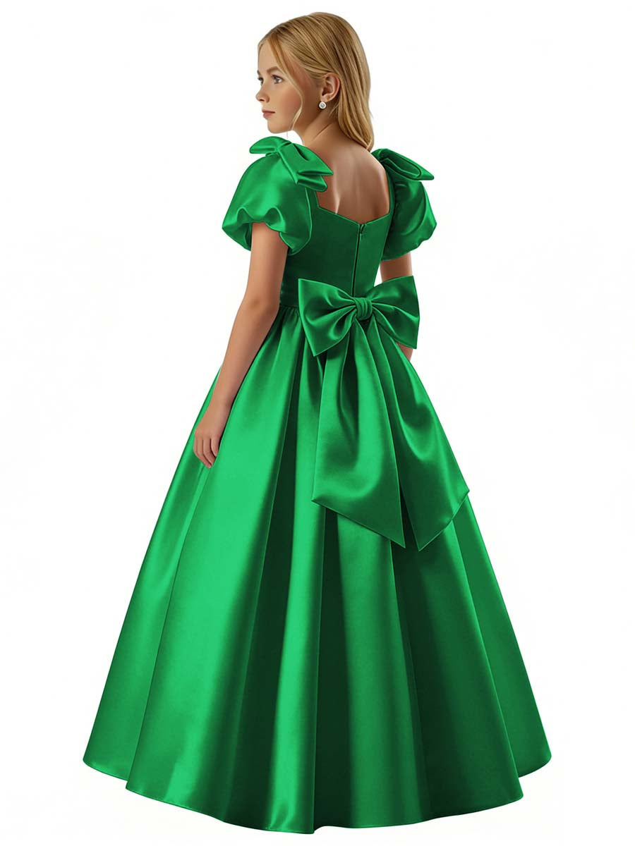 dideyttawl 2026 Satin Flower Girl Dress A Line Big Bow Long Prom Princess Ball Gown Puff Sleeves Junior Bridesmaid Dress 2773