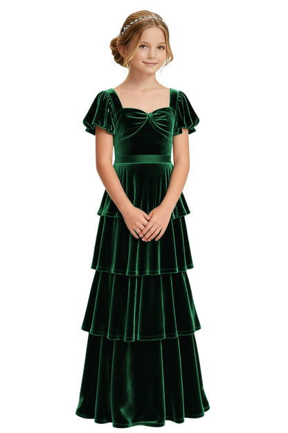 dideyttawl Girls Pleated Velvet Short Lantern Sleeves Long Junior Bridesmaid Dress 2542