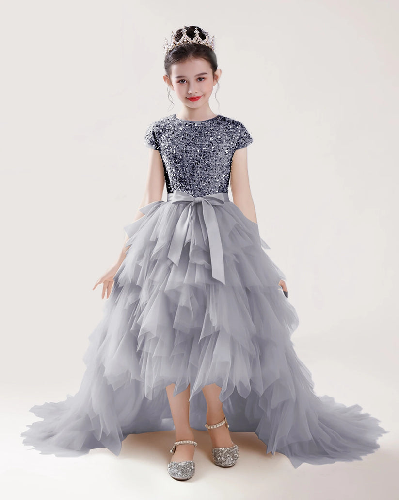 Silver Tulle A-line Girls Formal Dress Front View