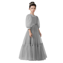 Dideyttawl Girls Dusty Blue Princess Dress Long Sleeve Tulle Ball Gown for Wedding Party