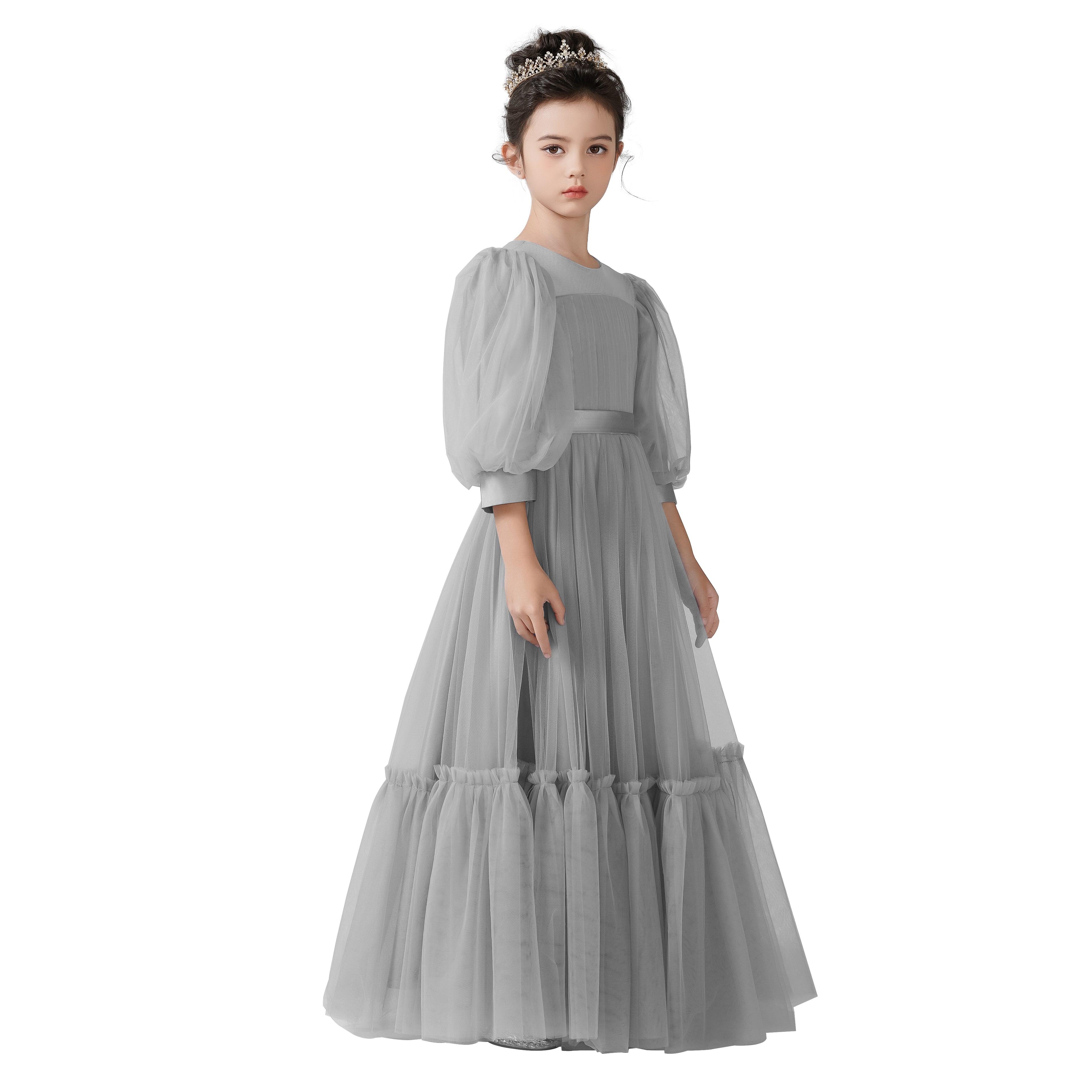 Dideyttawl Girls Dusty Blue Princess Dress Long Sleeve Tulle Ball Gown for Wedding Party