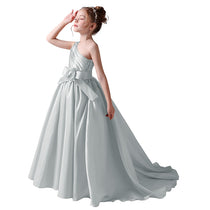 Dideyttawl Flower Girls Pageant Dresses One Shoulder Sleeveless Formal Satin Dress for Wedding Guest Princess Ball Gown Flower Belt Dress