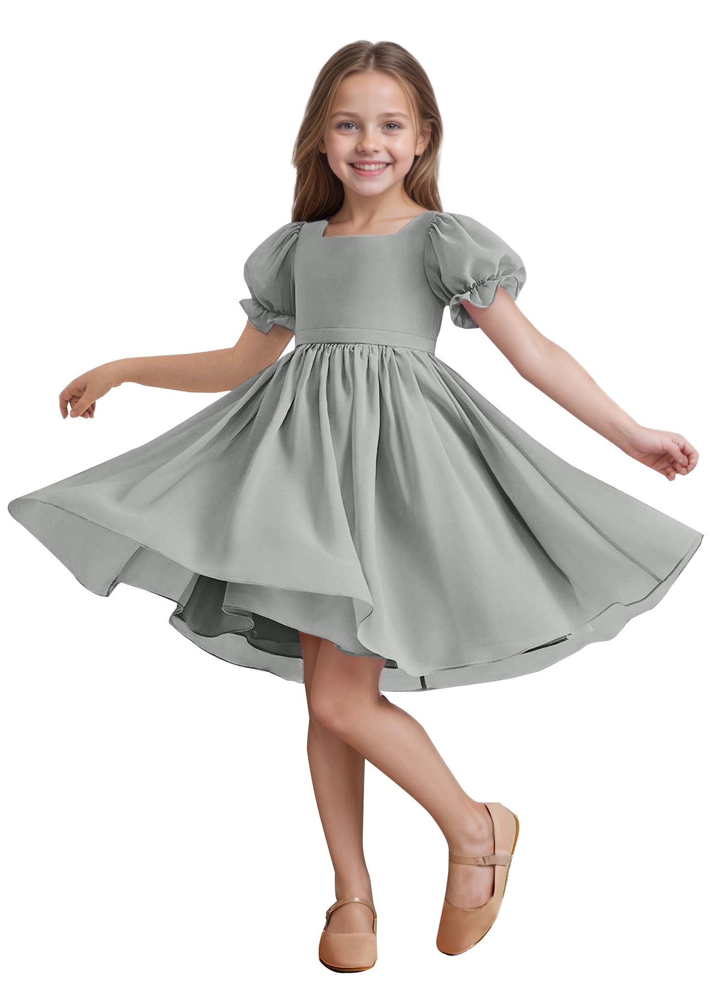 Chiffon Short Sleeves Flower Girl Dresses Knee Length Junior Bridesmaid Dresses for 4-16 650C