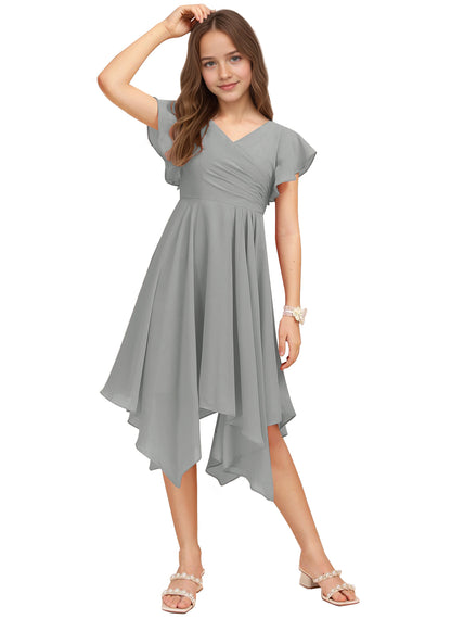 Chiffon Short Junior Bridesmaid Dresses Knee Length Flutter Sleeves Flower Girl Dresses for 4-16 2505