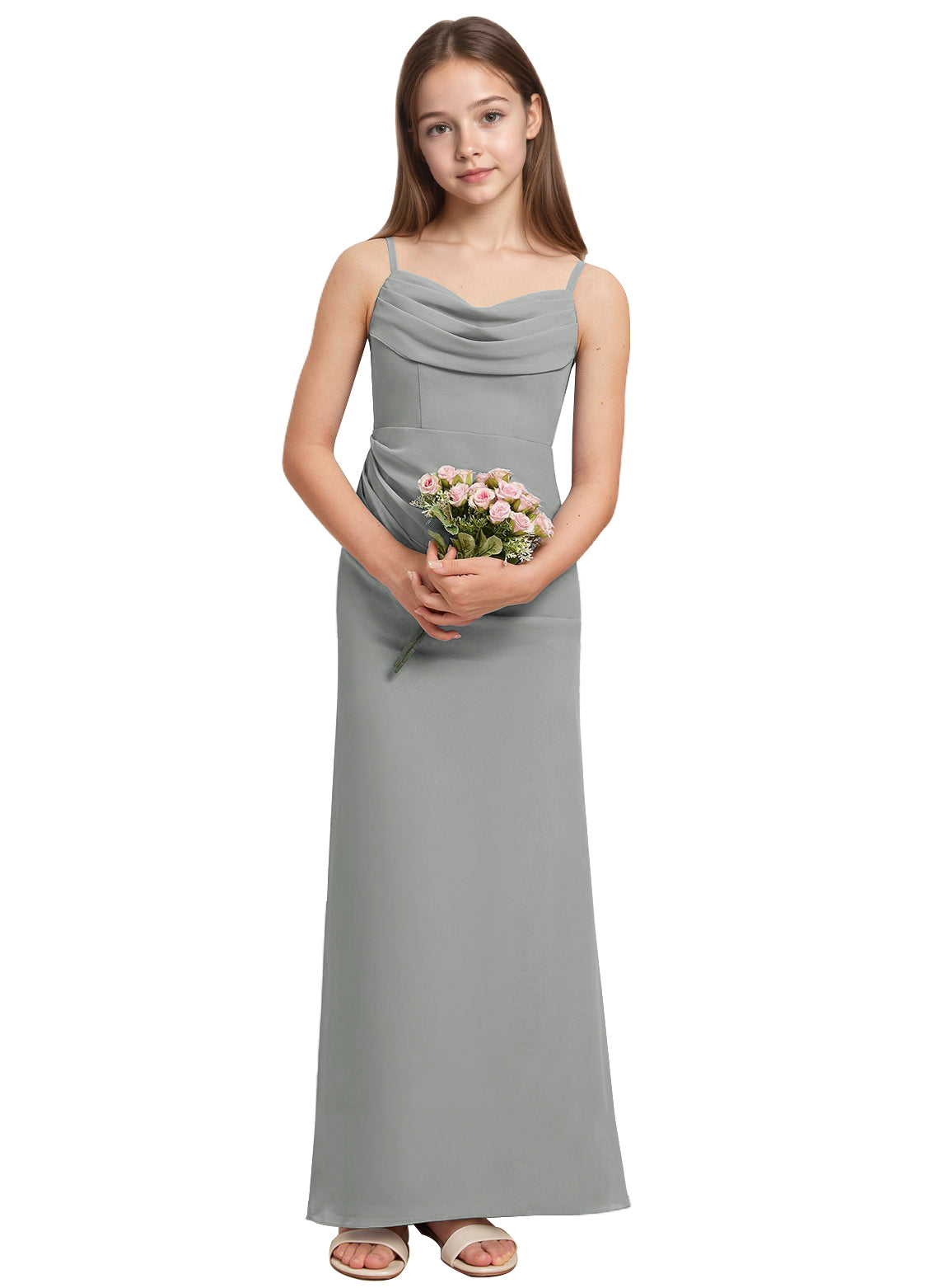 dideyttawl Long Sheathe Junior Bridesmaid Dresses for Girls Chiffon A-Line Ruched Cowl Neck Wedding Flower Girls Dress 2512