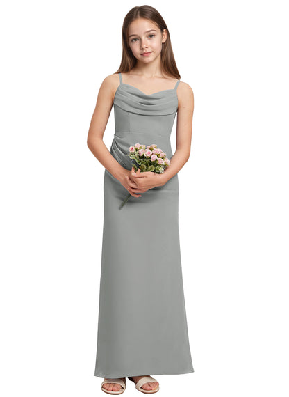 dideyttawl Long Sheathe Junior Bridesmaid Dresses for Girls Chiffon A-Line Ruched Cowl Neck Wedding Flower Girls Dress 2512