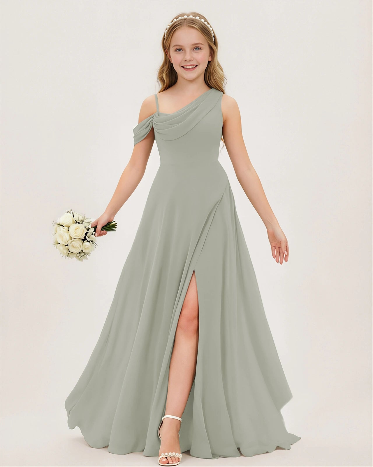 Gray Chiffon A-line Junior Bridesmaid Dress Front View
