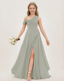 Gray Dark Green Chiffon Junior Bridesmaid Dress
