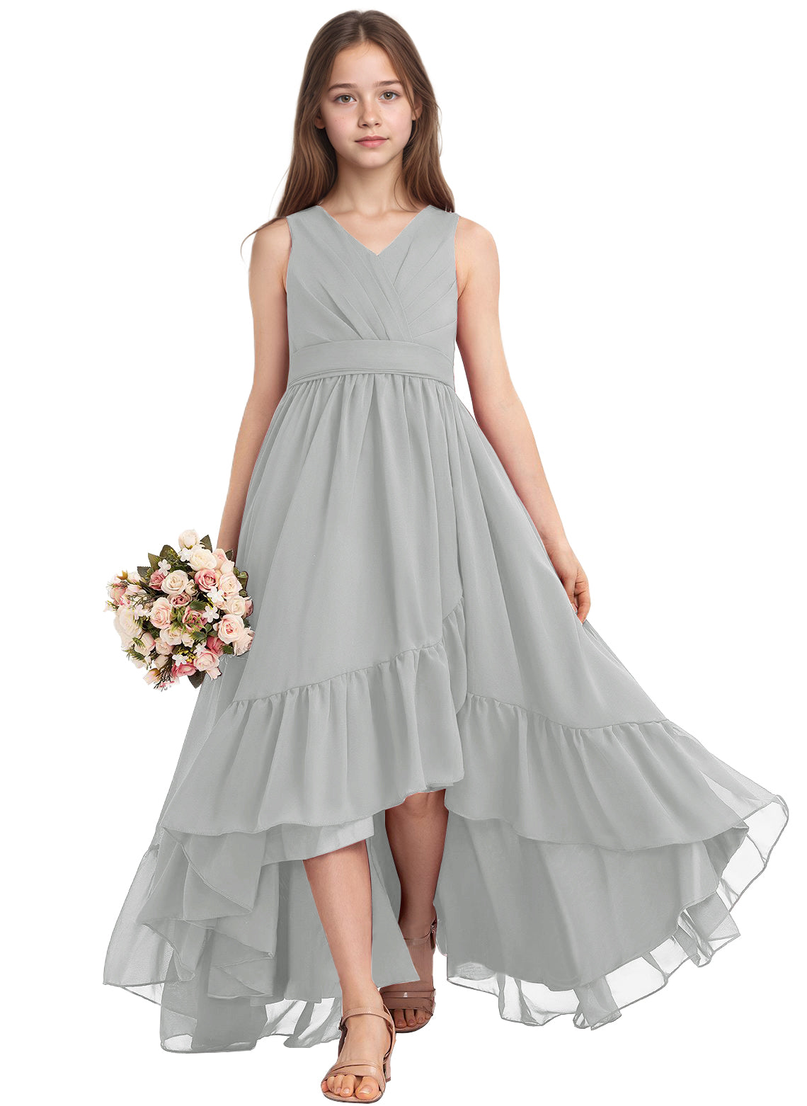 dideyttawl A-Line High Low Flower Girls Dress Long V-Neck Junior Bridesmaid Dresses for Teens Pleated Chiffon 2511