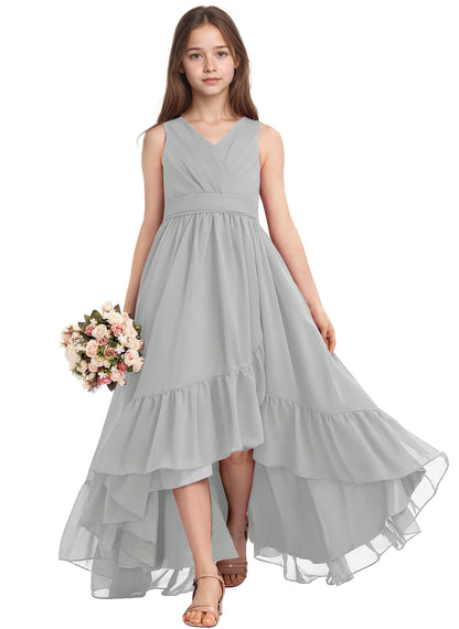 dideyttawl A-Line High Low Flower Girls Dress Long V-Neck Junior Bridesmaid Dresses for Teens Pleated Chiffon 2511