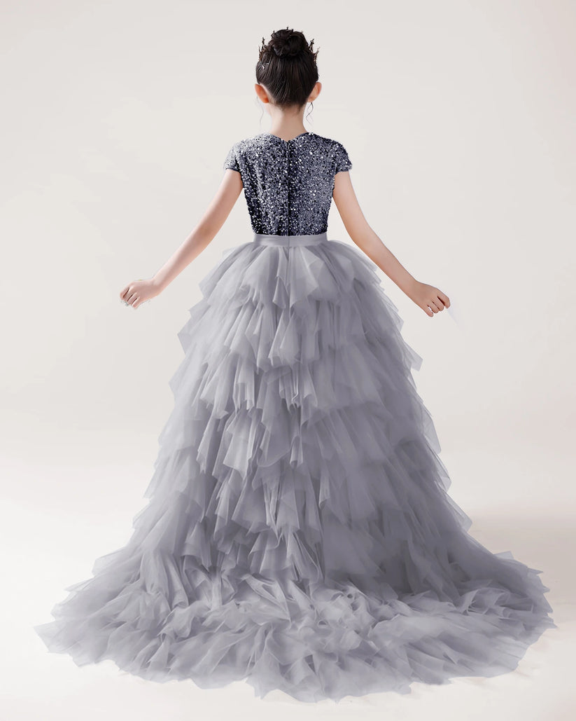 Silver Tulle Ball Gown Girls Formal Dress Back View
